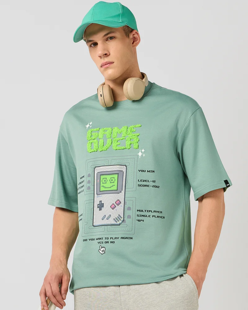 bewakoof Men's Granite Green Game Over Graphic Printed Oversized T-shirt